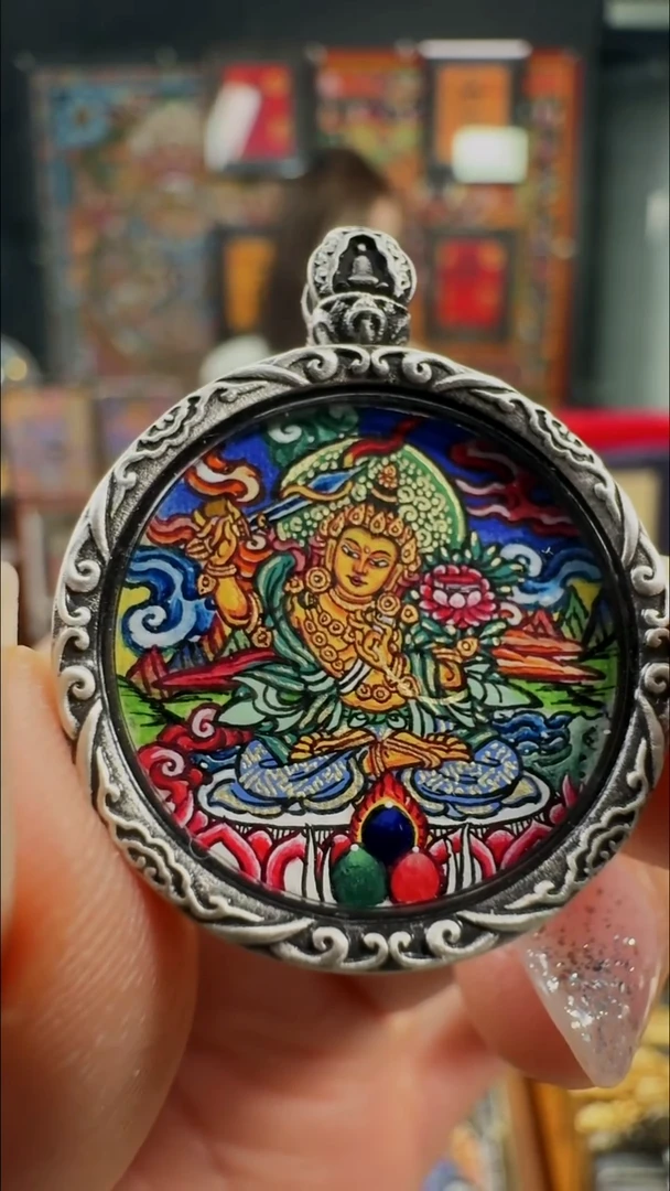 吊坠壹善缘城手绘唐卡文殊2.0双面银壳