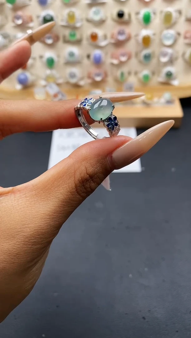 银S925镶嵌戒指翡翠缅甸天然A货翡翠1 9-