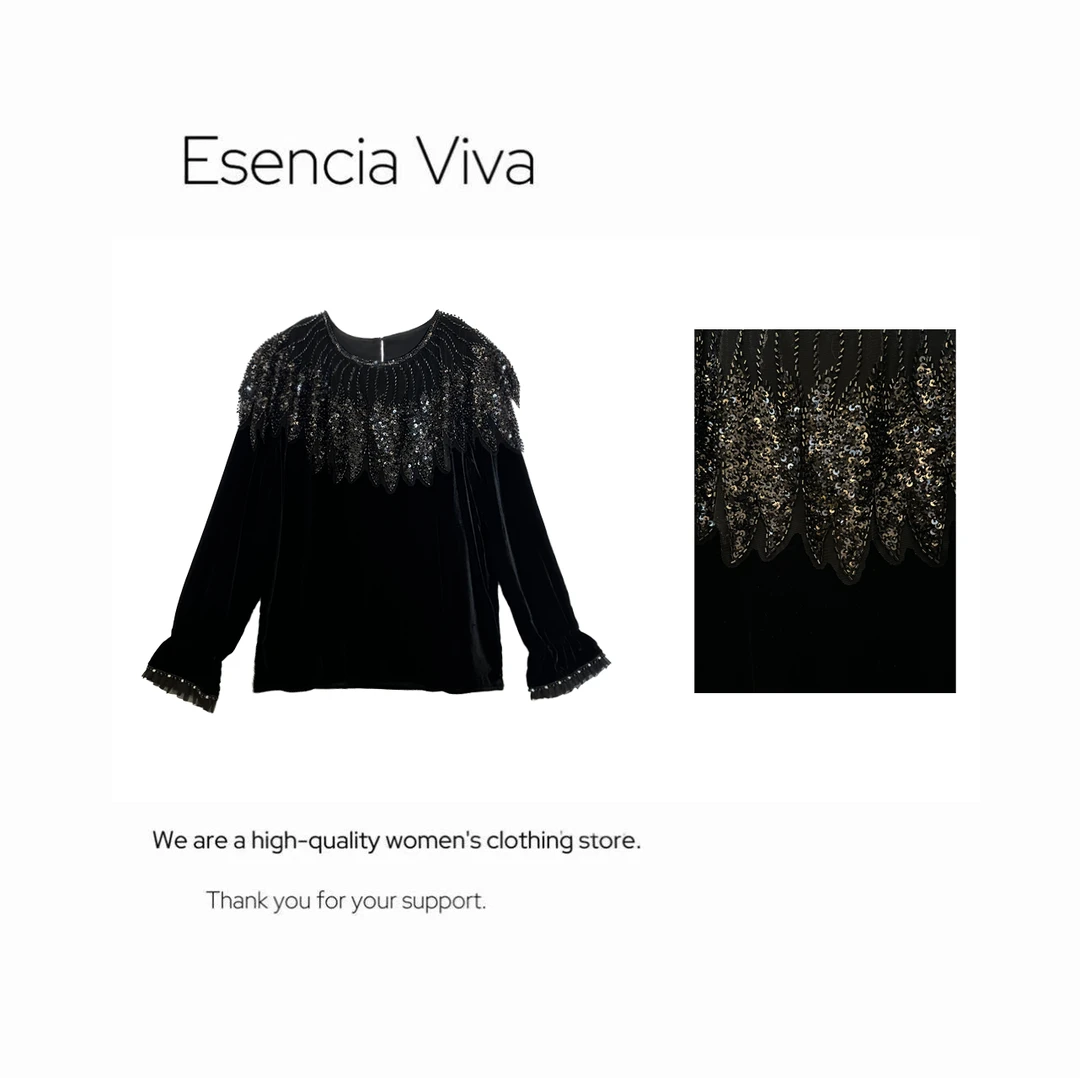 EV.【原创设计】重工珠片云肩设计师款时尚长袖打底上衣EVSY0517