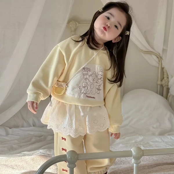 【Rainbow】2025春款韩版卡通贴布卫衣卫裤花边两件套-66098