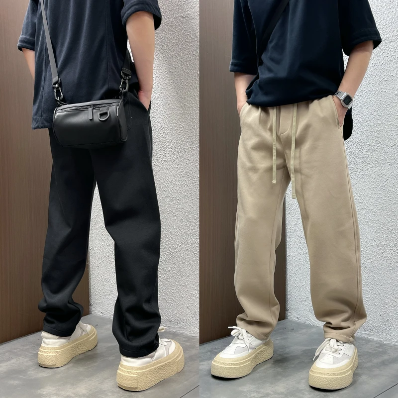 2025秋冬季新款直筒宽松垂感简约纯色拼接休闲高街百搭阔腿卫裤男