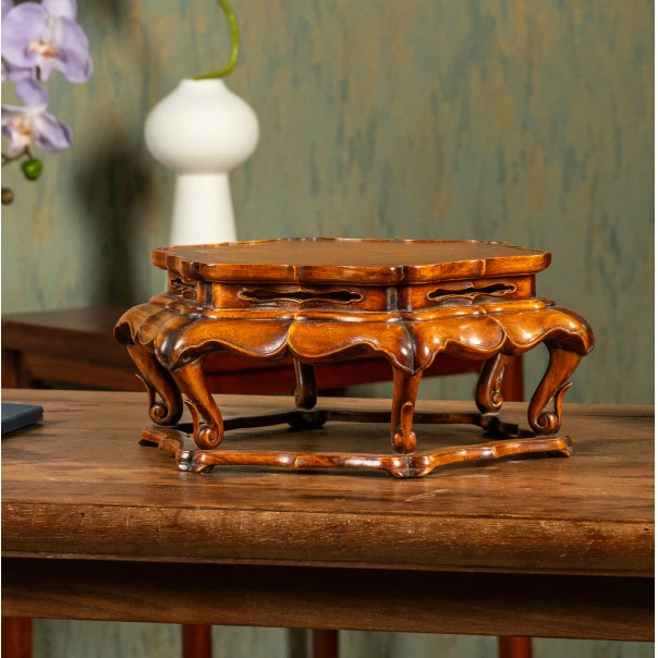 清代 黄花梨束腰三弯腿海棠带托泥六角葵口器座古董收藏海南底座