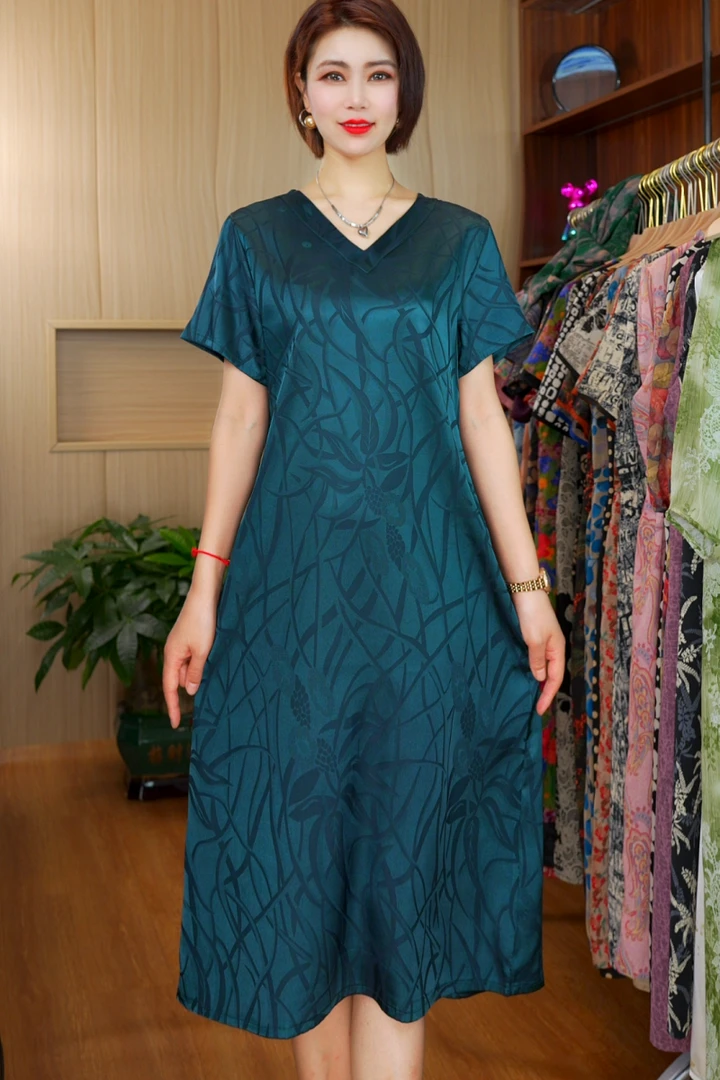 A-25398时尚宽松显瘦连衣裙V领孔雀蓝藤