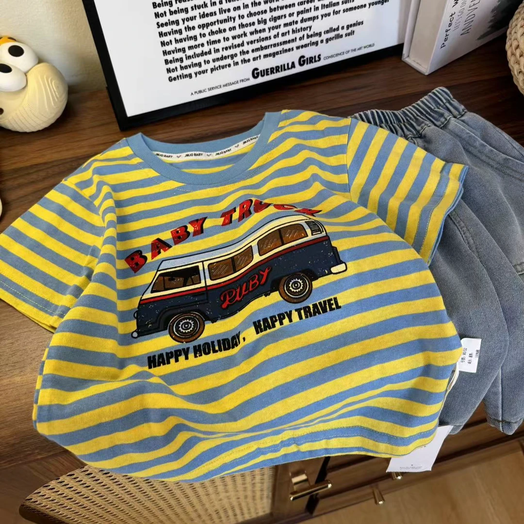 断码YM【JMJQ 20651】夏季中小童亲肤色织条纹巴士清爽彩色短袖体恤