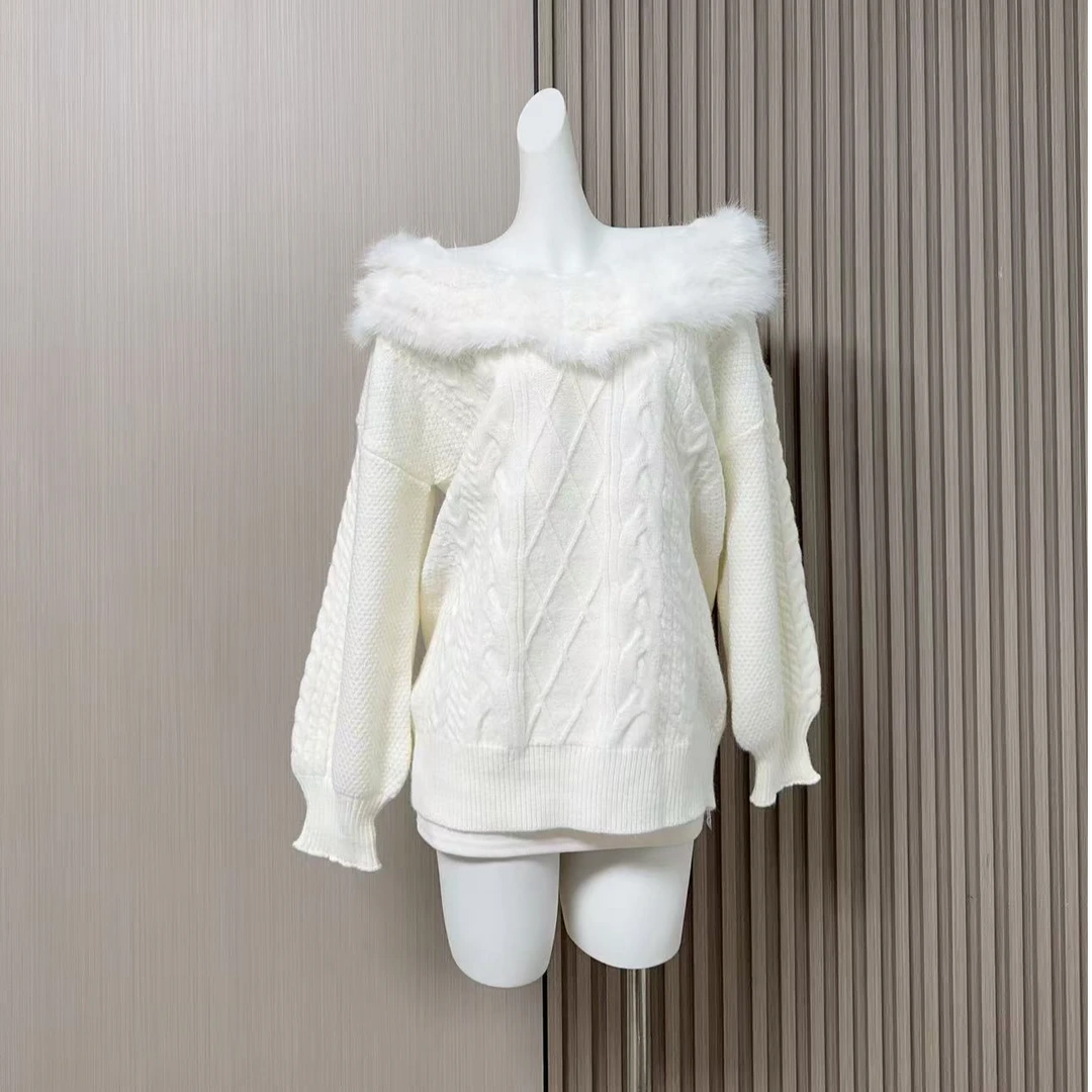 美式一字肩针织毛衣女秋冬加厚软糯毛毛中长款斜肩露肩上衣