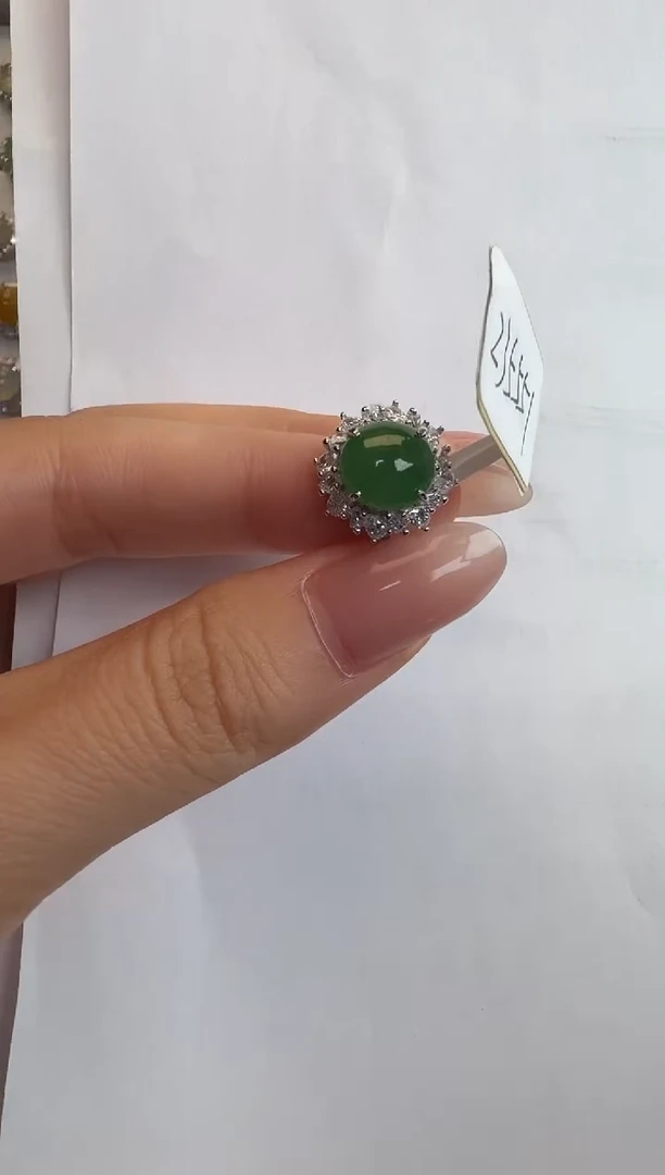 银S925镶嵌戒指翡翠通体925银镶缅甸A货翡翠戒指94