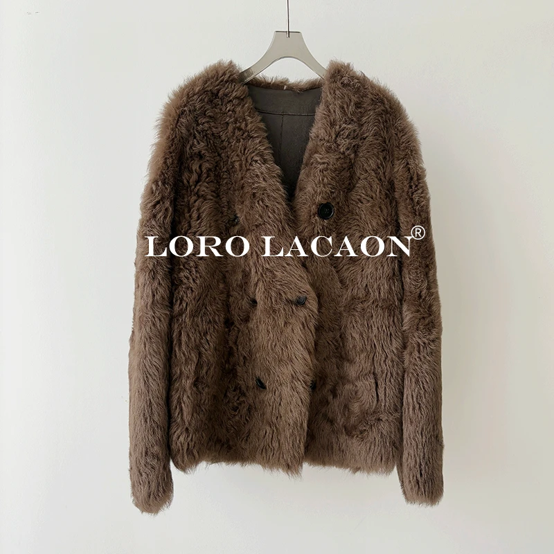 以赛亚 香醇摩卡 慵懒风托斯卡纳皮毛一体短款双排扣皮草外套8821