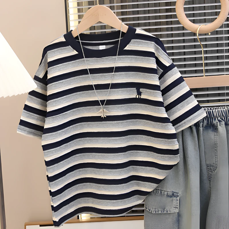 童装男童夏装T恤2025新款儿童夏季薄款条纹纯棉短袖男孩宽松帅气