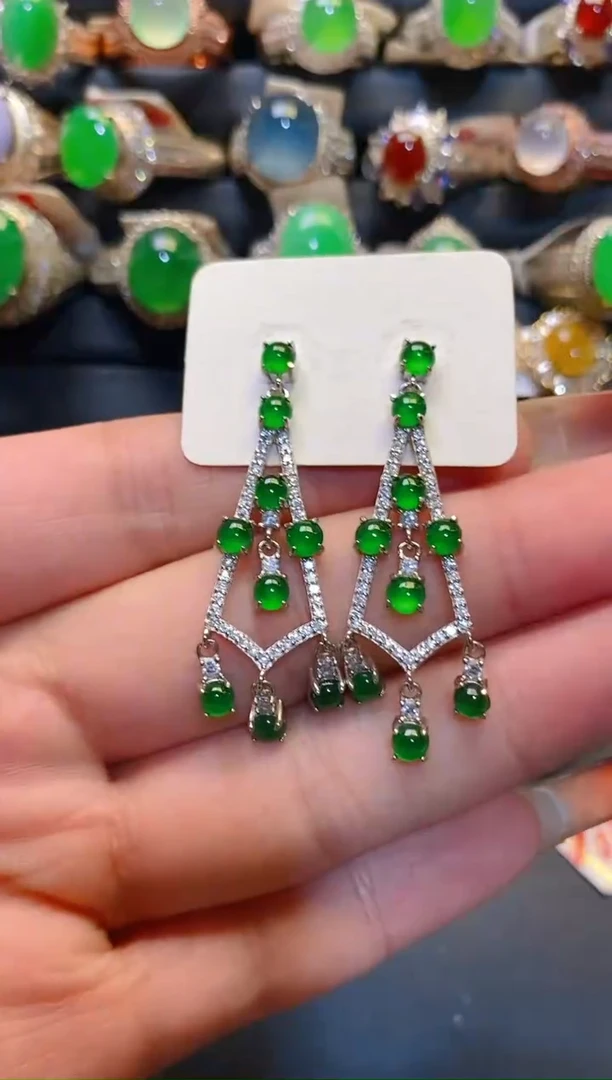 银S925镶嵌翡翠耳饰天然