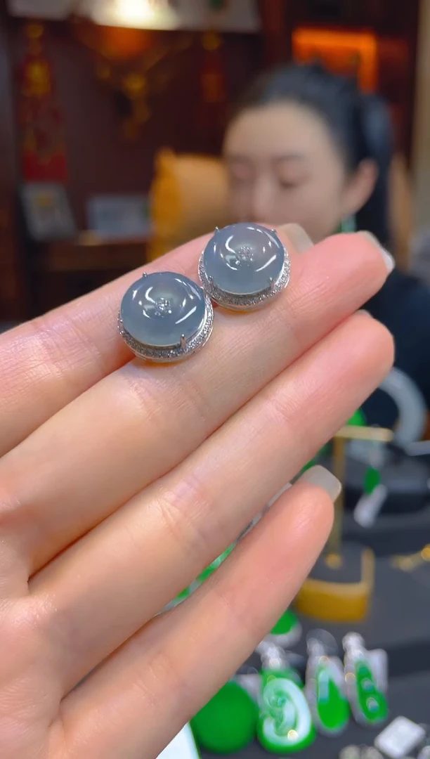 翡翠银S925镶嵌耳饰天然A货翡翠耳钉/133321
