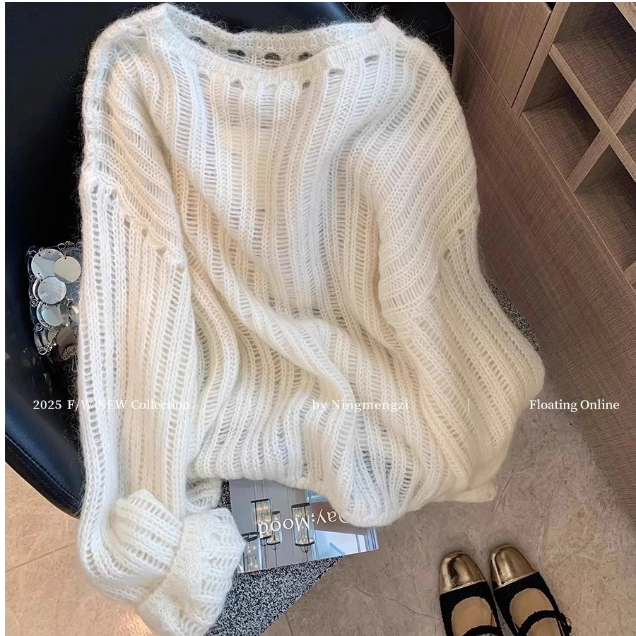 2025年秋季新款慵懒风白色镂空软糯针织衫毛衣女韩系百搭松弛上衣