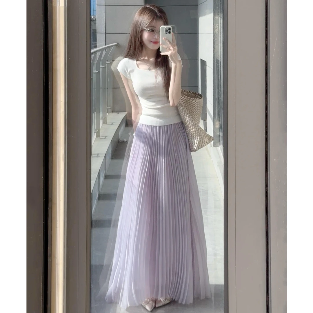 韩系温柔风设计感新款针织T恤上衣高腰百褶半身裙两件套套装女夏