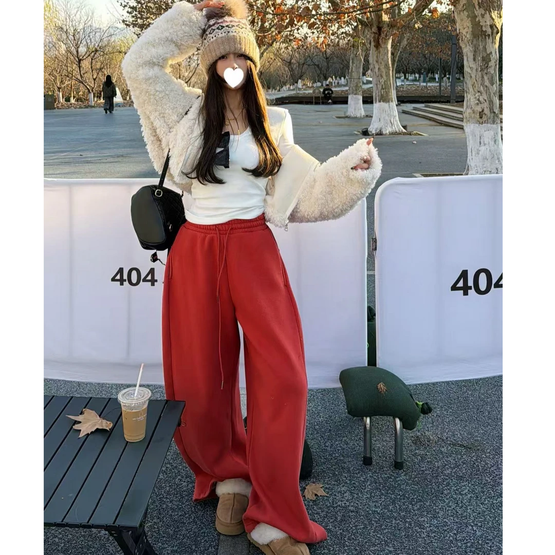 【YKL】暮光玫瑰 白色带胸垫长袖红色后口袋阔腿裤白色软绒绒外套