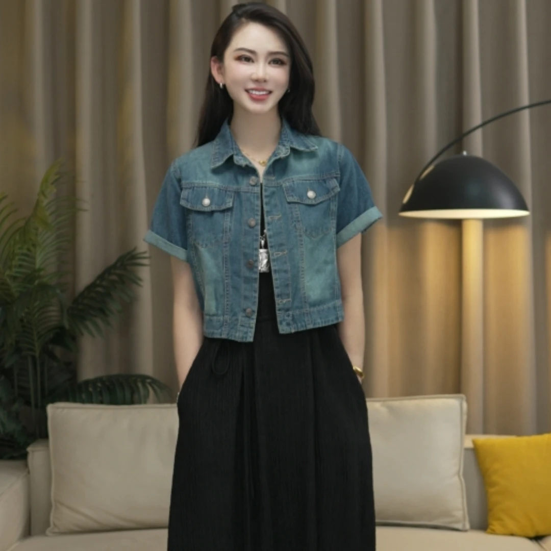 复古港风短袖牛仔衬衫外套女早春款宽松小开衫2025新款上衣