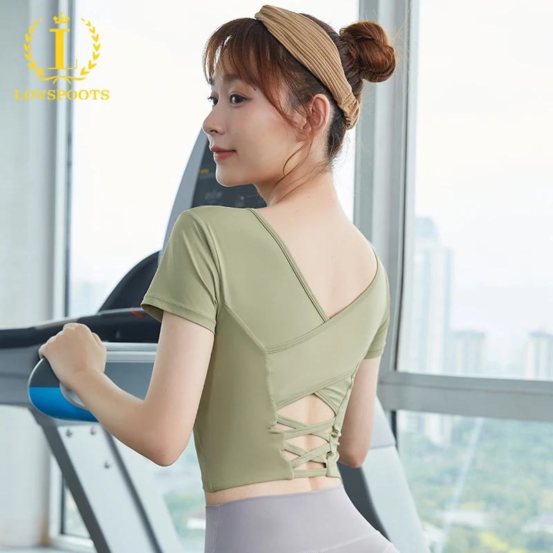 015固定胸垫一体式瑜伽服上衣速干运动服夏季薄款跑步健身短袖