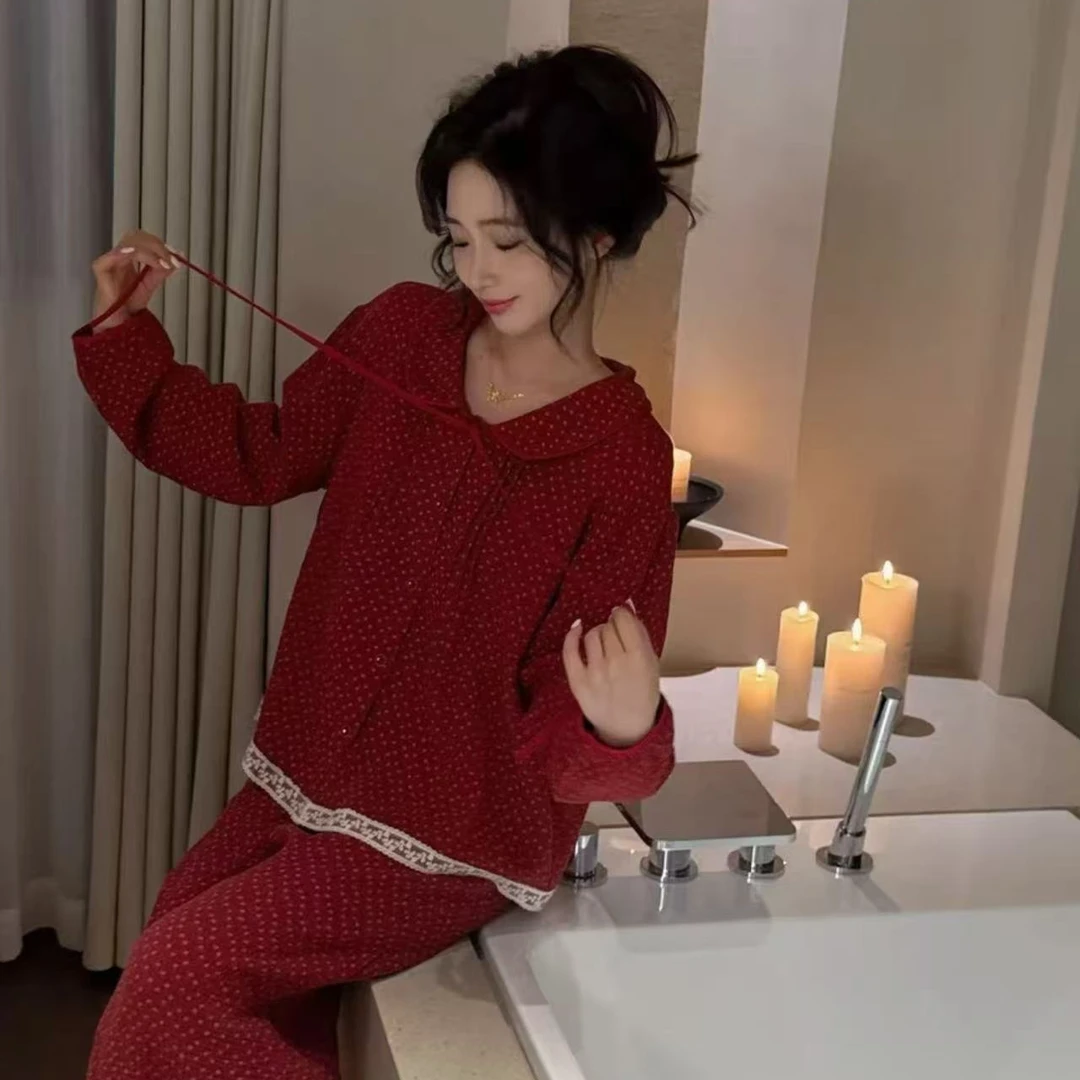 大菲【慕笙若梦】甜茶红春秋蕾丝花边女长袖长裤居家春秋