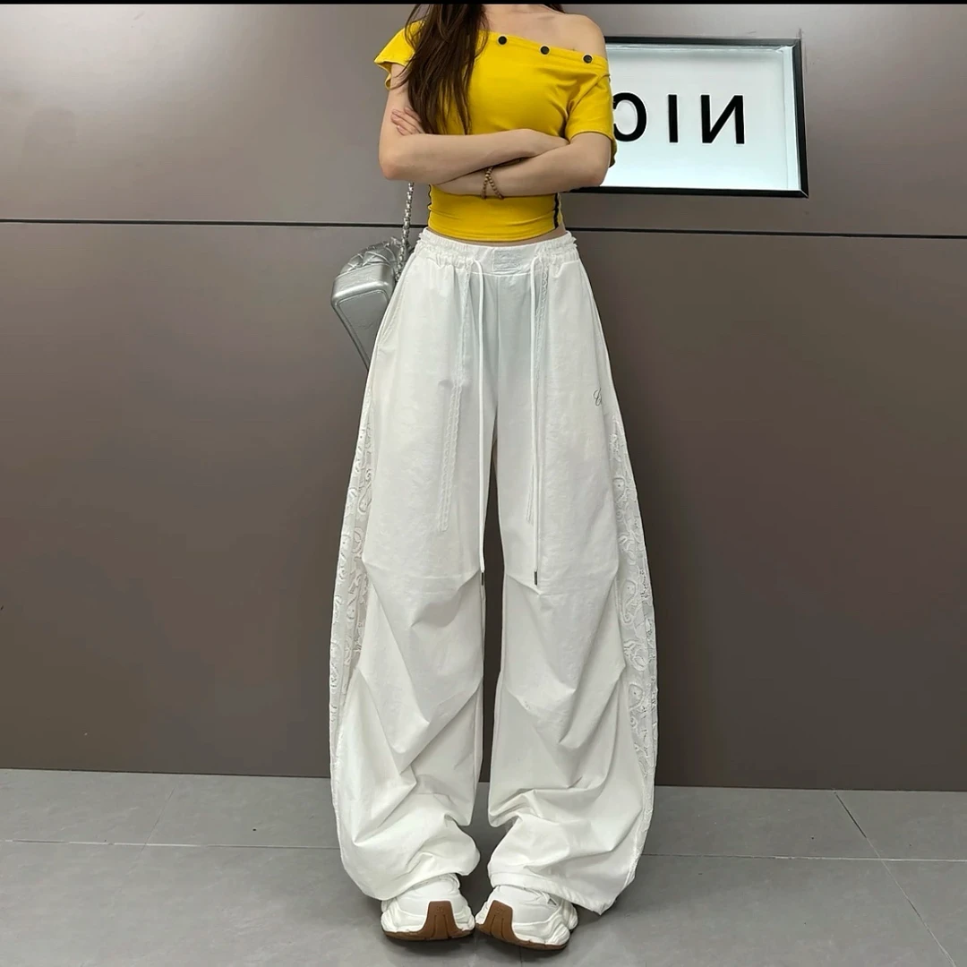 2025年美式复古潮酷蕾丝拼接褶皱工装个性阔腿显瘦休闲裤