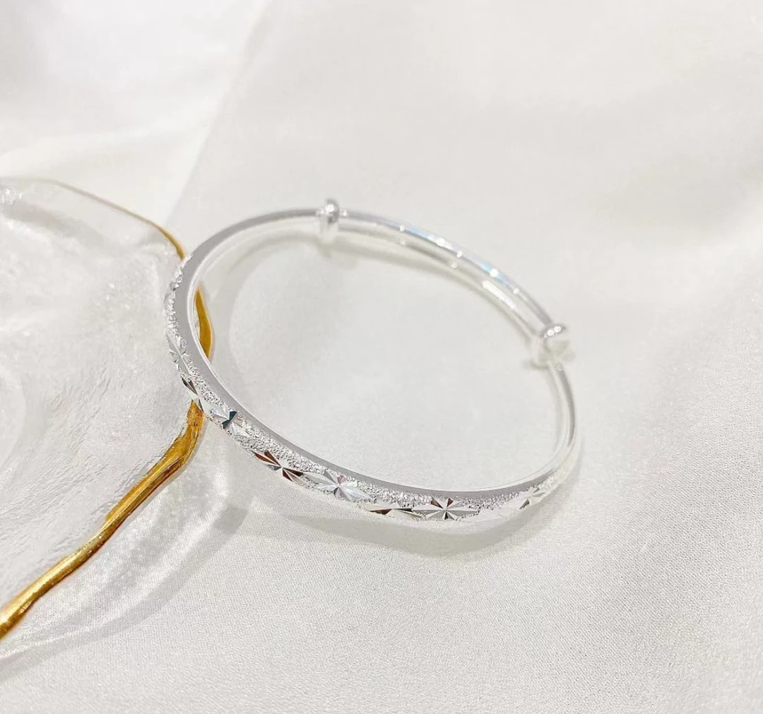 足银手镯 足银9999实心满天星女款推拉可调节简约送女友手镯轻奢