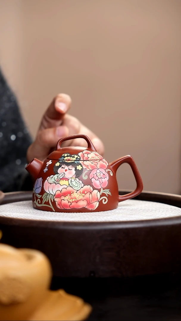 茶壶紫砂朱泥几何秦权泥绘唐美人牡丹