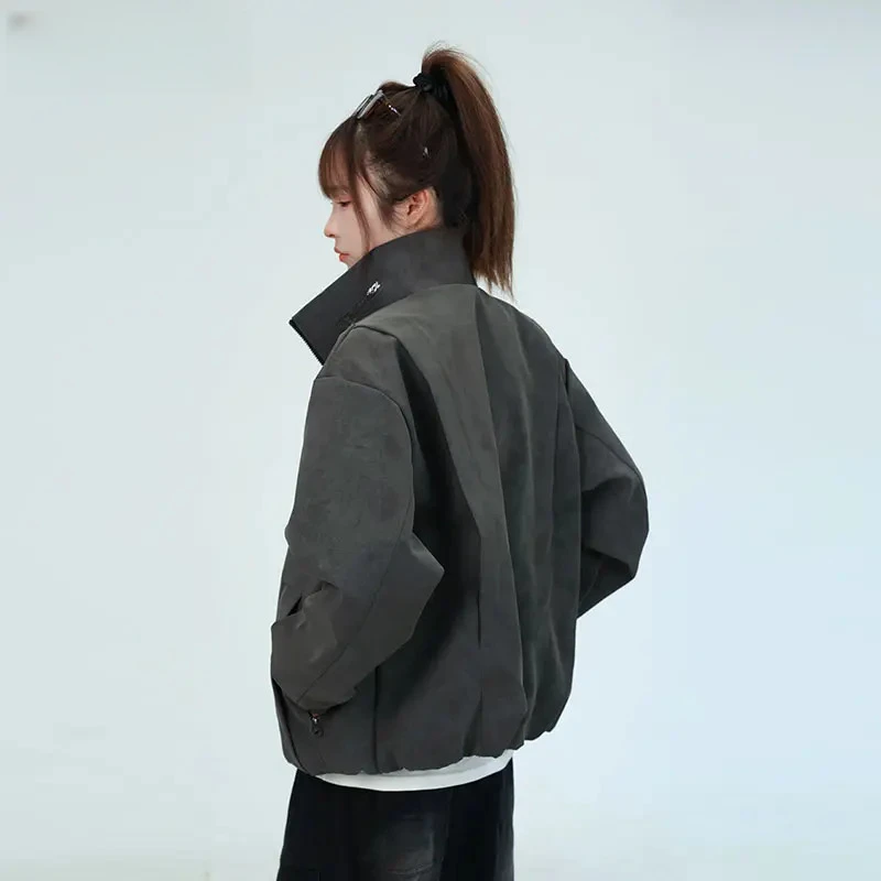 美式立领雾面pu皮夹克加绒外套男女款设计感座山雕宽松高级感上衣