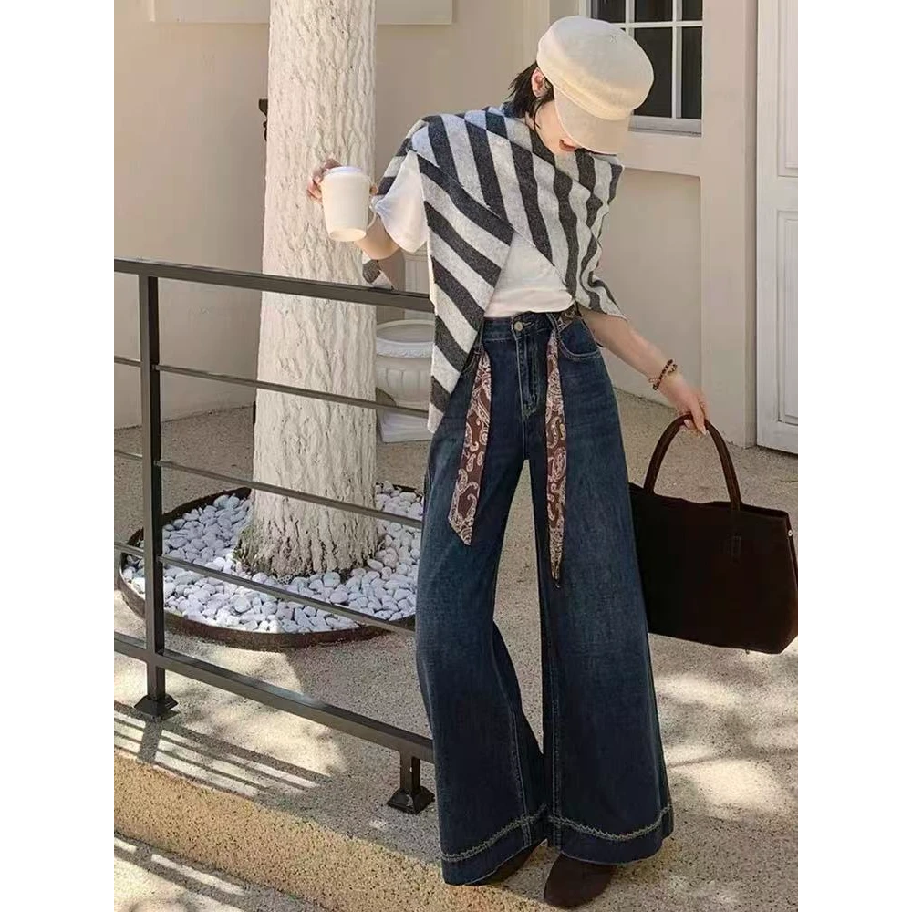 高腰宽松复古休闲阔腿牛仔裤春秋显瘦直筒牛仔水洗时尚百搭秋季