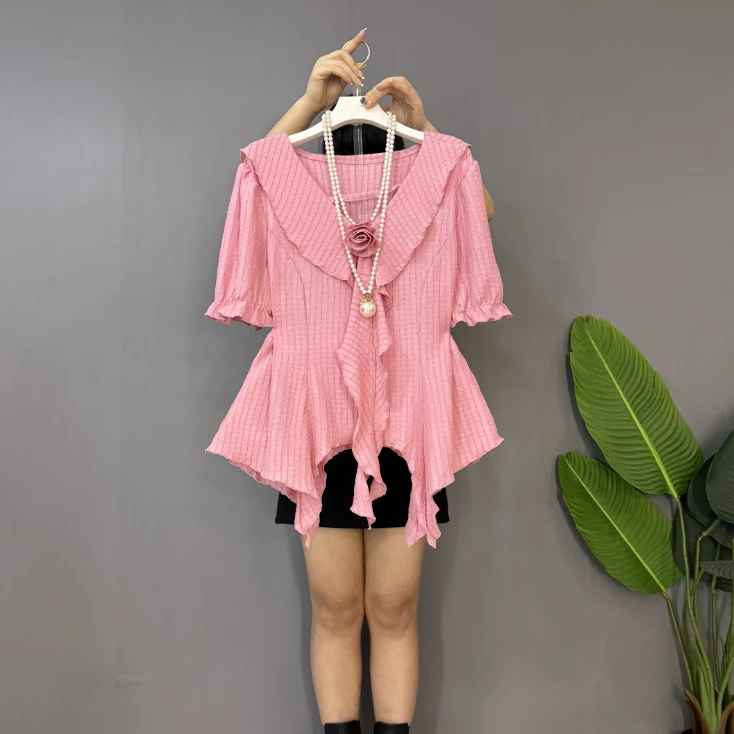 新款大码女装时尚洋气V领不规则下摆设设感百搭衫