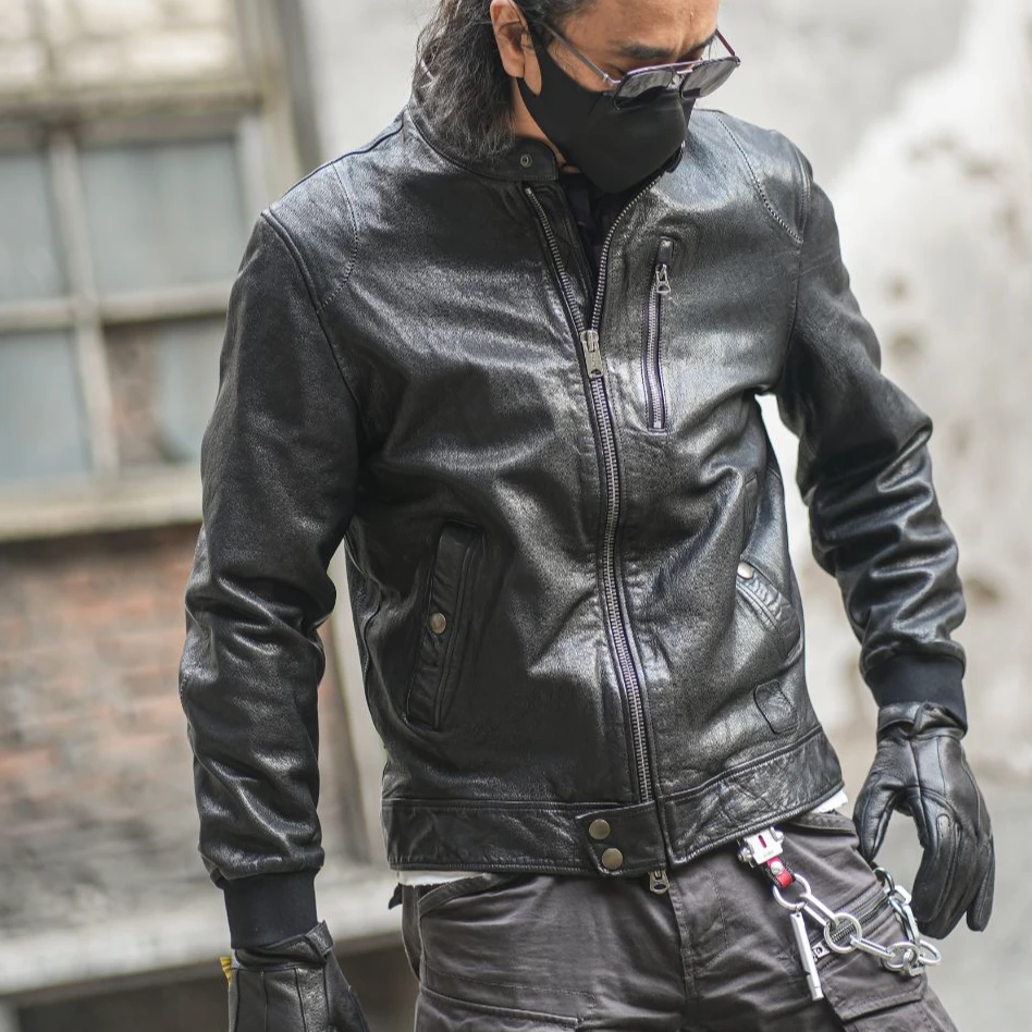 狂欢与静止 C75027-山羊皮重工水洗复古做旧皮衣男款复古真皮夹克