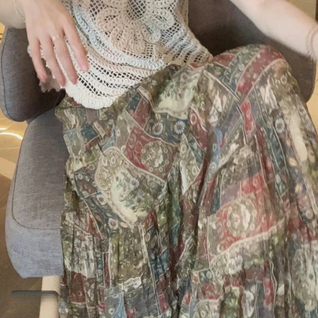 油画碎花半身裙女2025新款早春复古松紧腰显瘦气质中长款百褶裙