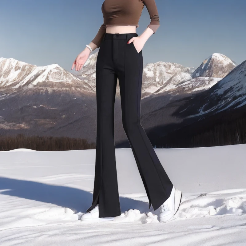 2024春秋款时尚高腰显瘦休闲罗马面料黑色前开叉微喇裤