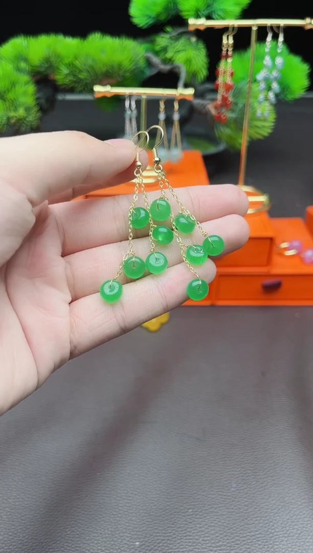 玛瑙/玉髓耳饰银S925镶嵌绿流苏