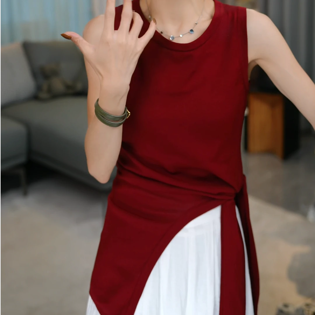 夏季新款不规则绑带上衣女款时髦气质显瘦无袖T恤C5598