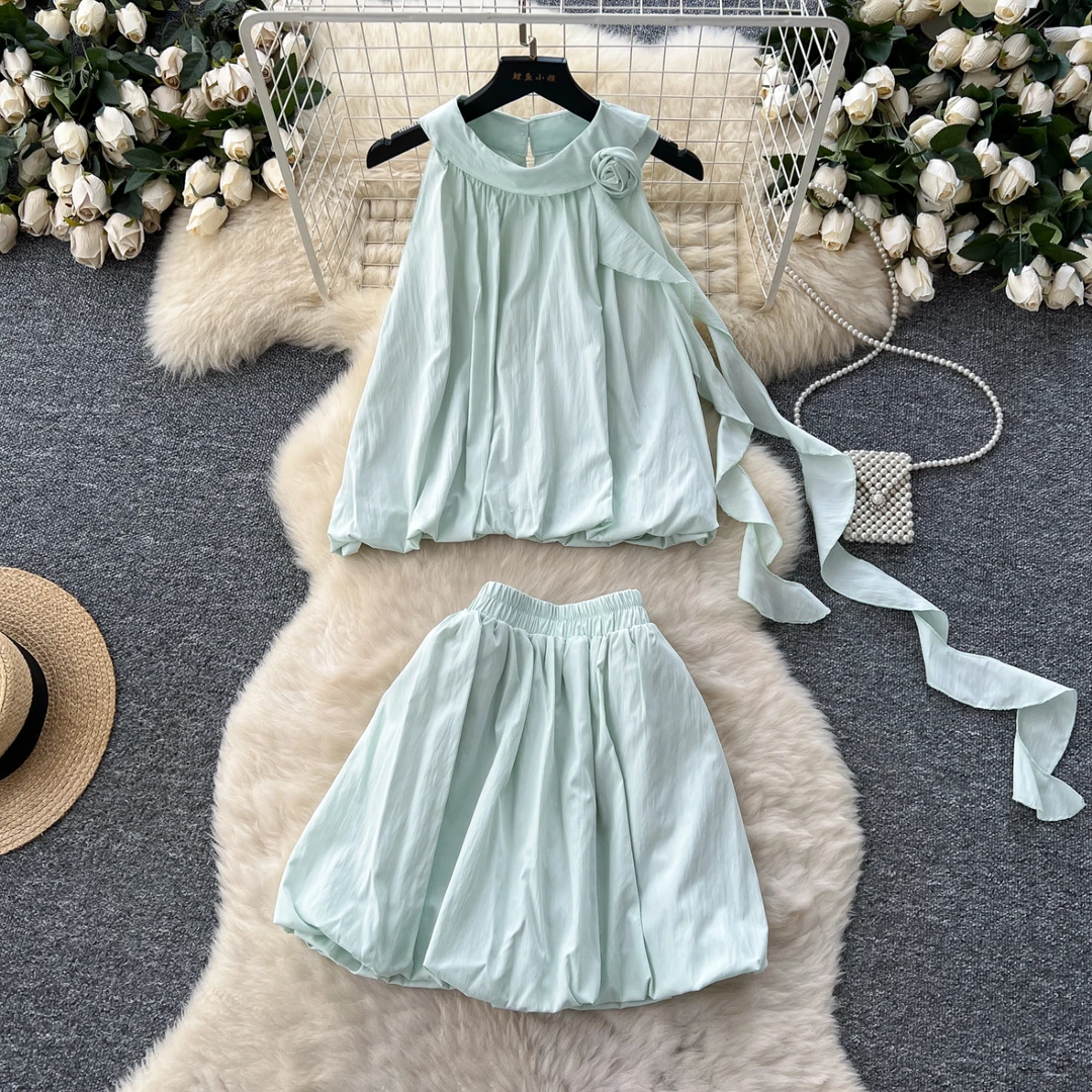 法式轻奢潮牌穿搭夏装立体花朵挂脖无袖飘带上衣+高腰花苞半身裙