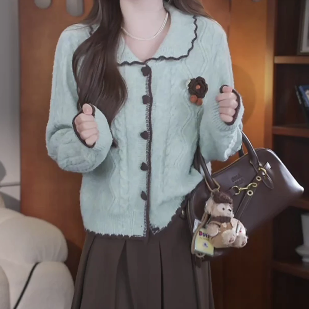 【破碎梦境】秋季新款韩系慵懒显白绿色气质开衫毛衣C6343