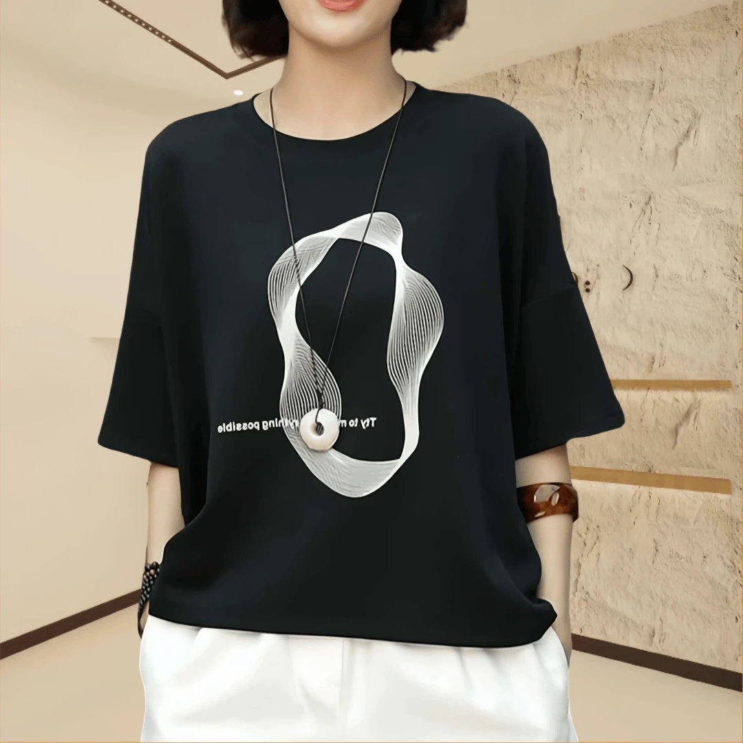 夏季宽松圆领重工印花短袖T恤女2025休闲风韩版抗皱纯色潮流上衣