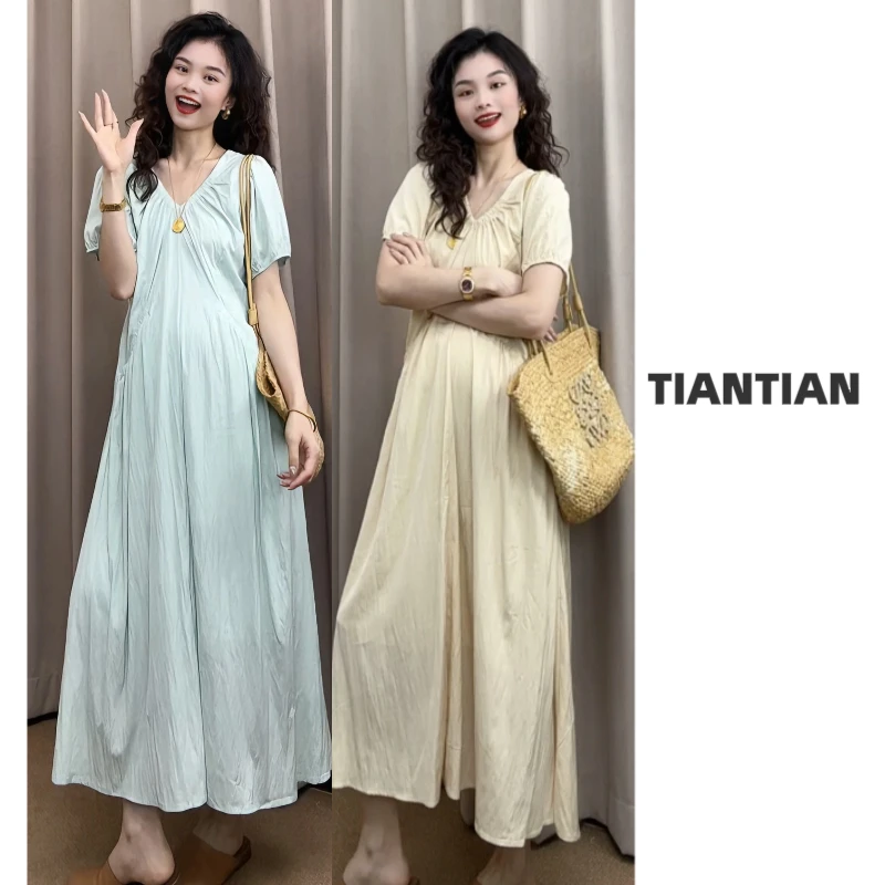 【恬恬】2025夏季【冰凉盛夏】设计感V领显瘦温柔长款连衣裙#3288