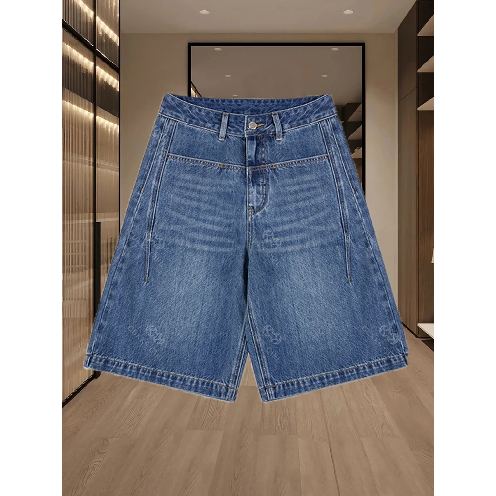 2025年时尚新款高腰复古蓝五分牛仔短裤薄款显瘦气质a字阔腿裤女