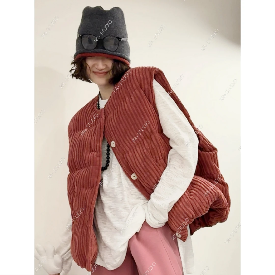 22313日系灯芯绒圆领棉马夹女宽松保暖叠穿无袖外套