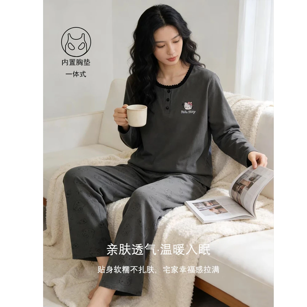 胸垫版冬季加厚睡衣女新款爆款德绒保暖长袖家居服（灰调kitty猫）