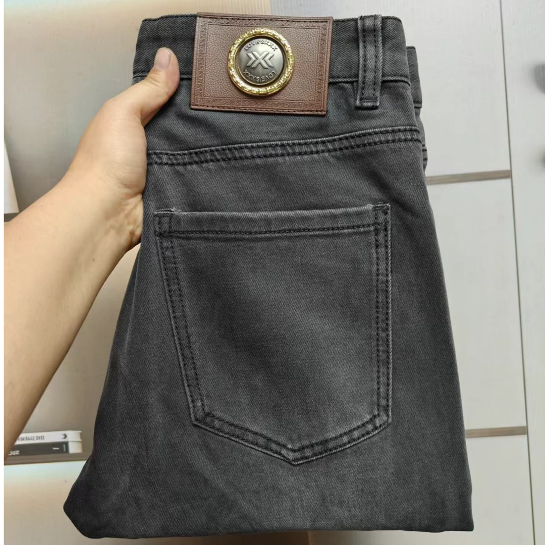 男士欧货牛仔裤秋冬厚款水泥灰修身小直筒