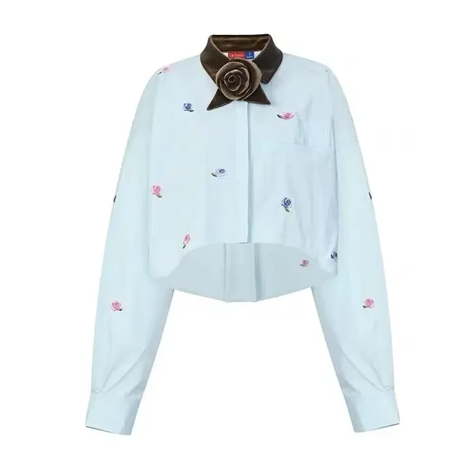 LeFame/拉飞姆2024年秋新撞色领玫瑰花大廓形上衣LF24Q21SB178