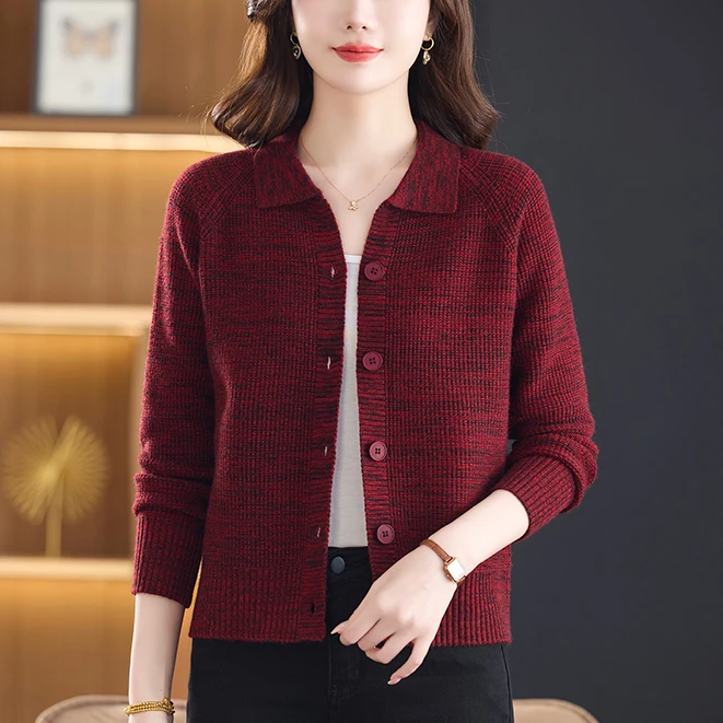 【羊毛衫】秋冬花纱洋气时尚POLO领短款长袖针织开衫宽松显瘦百搭