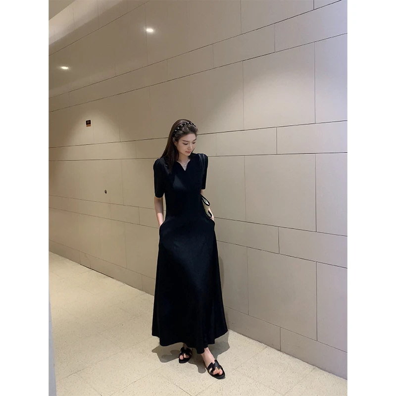 48h 【赫本小黑裙】加长v领多裁片收腰显瘦气质通勤长裙女 SU078