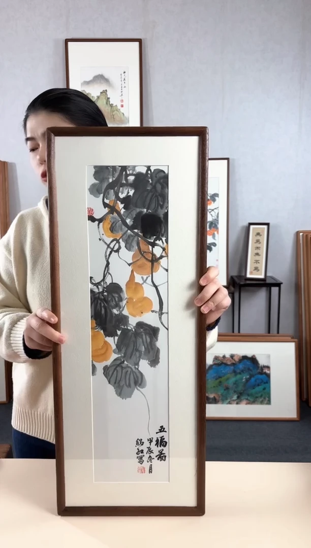 【闪购商品】国画手绘*五福临门*28*72cm实木框