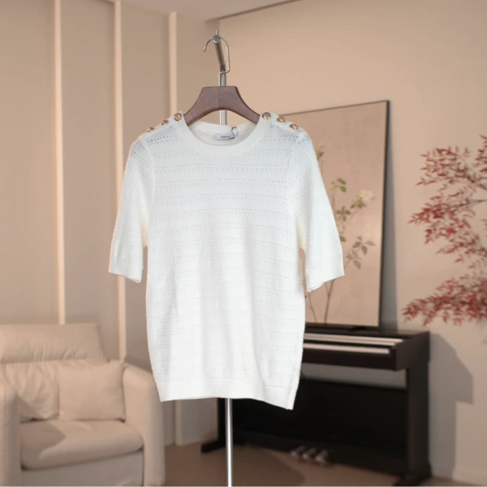 G692 肩扣装饰提花镂空短袖针织衫女 234A31