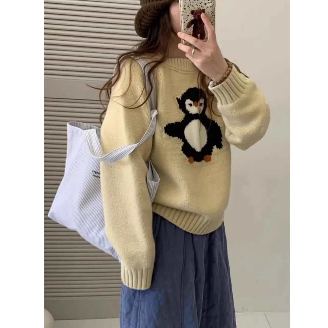 超好看提花卡通图案毛衣女秋冬2024新款高级感慵懒风针织字母上衣