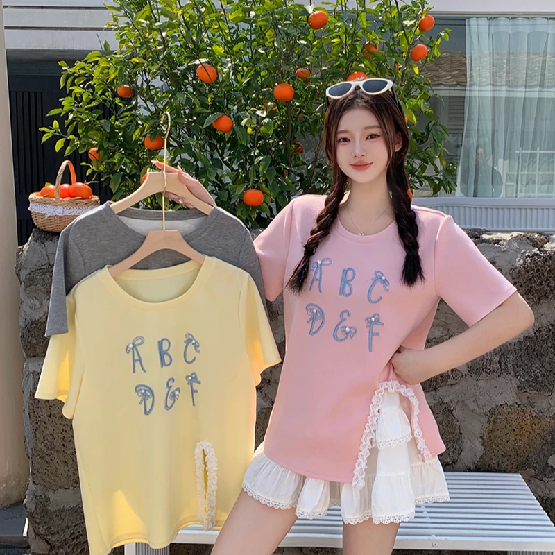 夏装新款胖mm大码女时尚蕾丝绣花字母钉珠宽松短袖T恤A1279