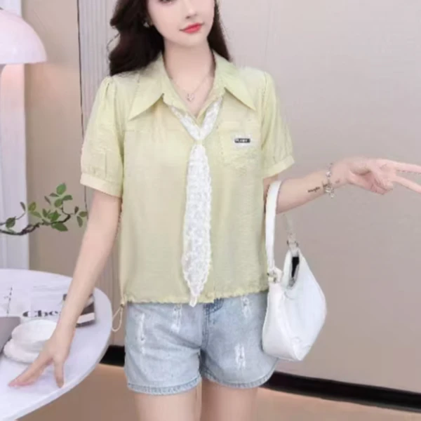 2025夏季新款时尚纯色短袖衬衫设计蕾丝飘带休闲显瘦上衣S811长55