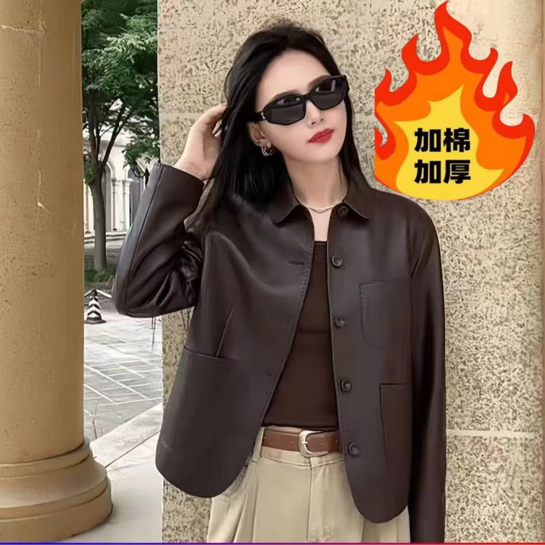 【加棉保暖】海宁正品2025秋冬加棉加厚时尚翻领气质皮衣外套女JH05