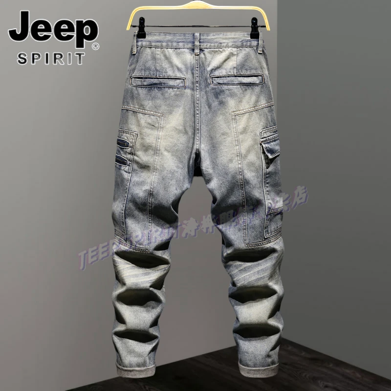 Jeep吉普中腰牛仔裤多口袋拼接款休闲韩版百搭小脚裤时尚百搭长裤