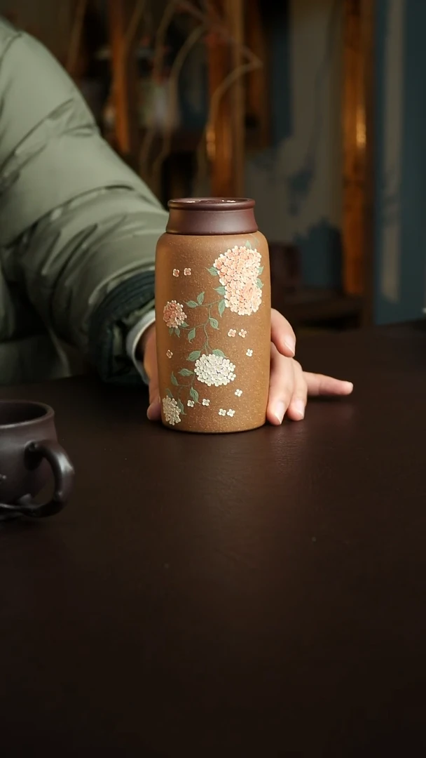 茶杯紫砂37号 绣球花茶叶罐100克 宜兴紫砂原矿作品